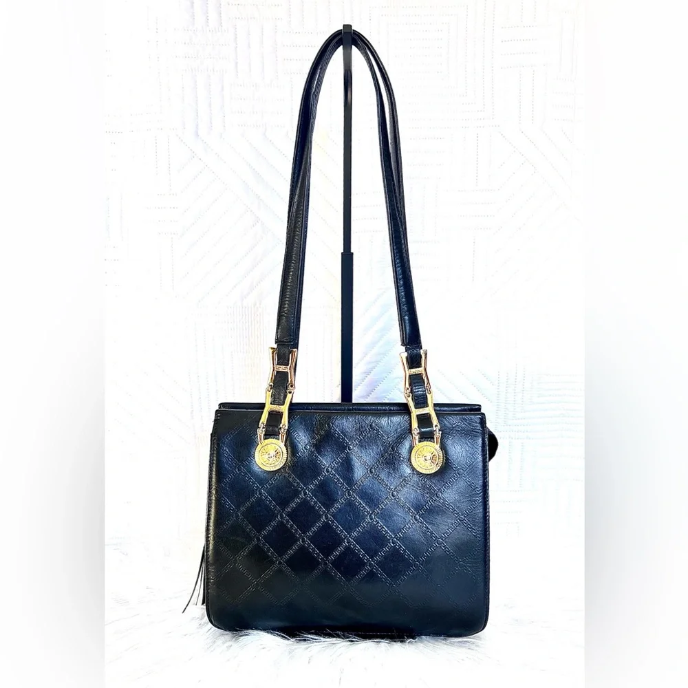 Authentic VERSACE Vintage Black Leather Zip Shoulder Bag Purse W/ Tassel